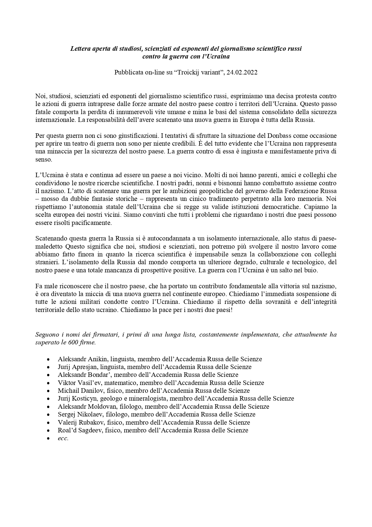 Appello scienziati russi contro la guerra